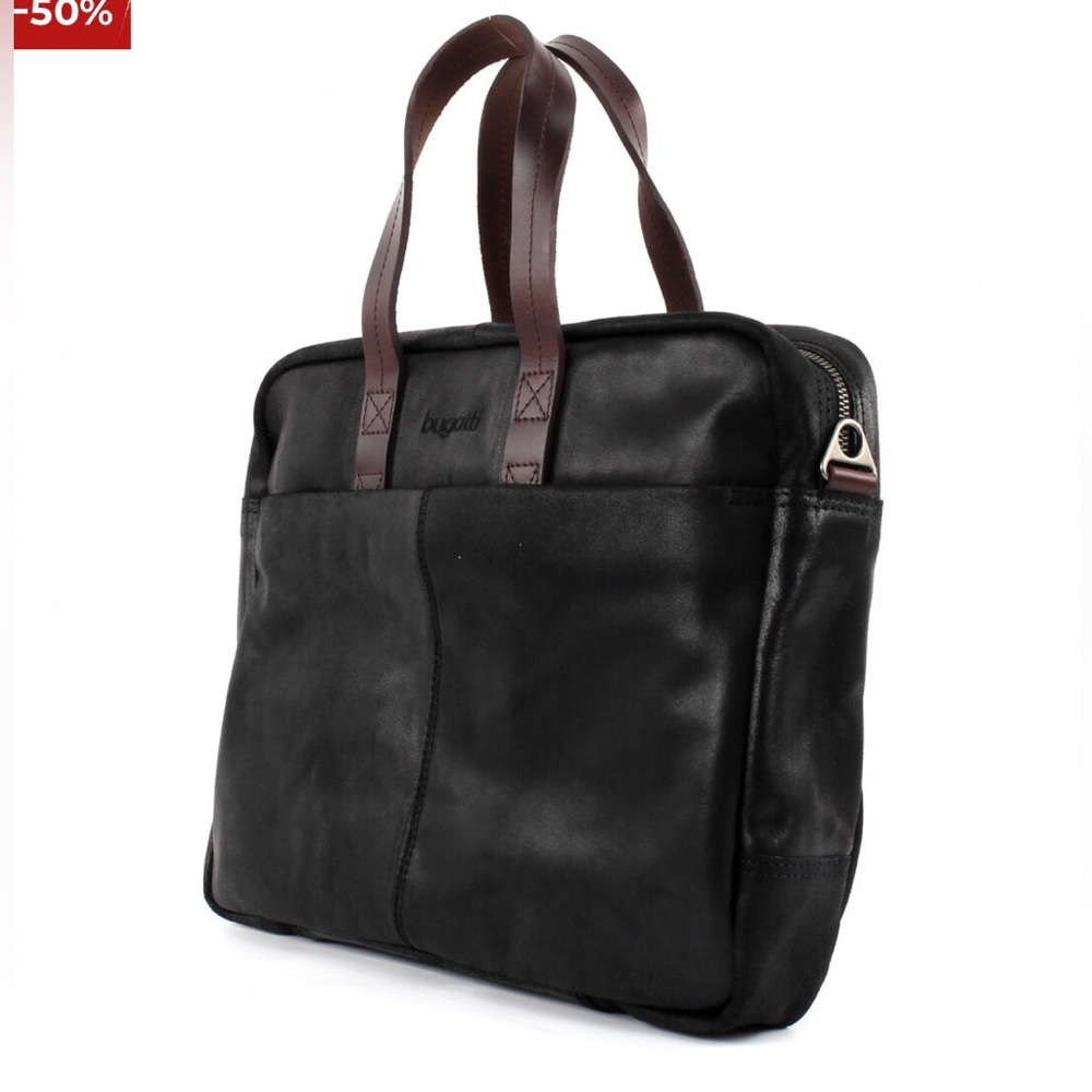 Bugatti Grinta Brief Bag Medium Black Distressed Leather or Laptop Bag